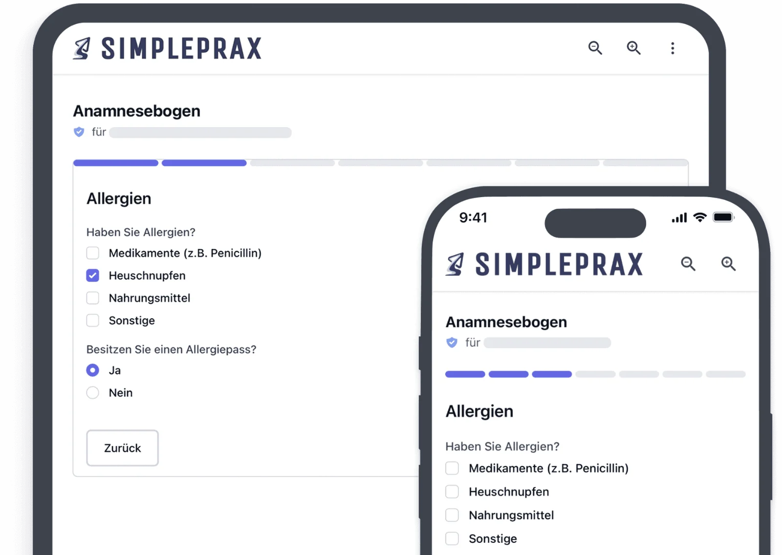 Simpleprax: digitaler Anamnesebogen auf Tablet und Smartphone