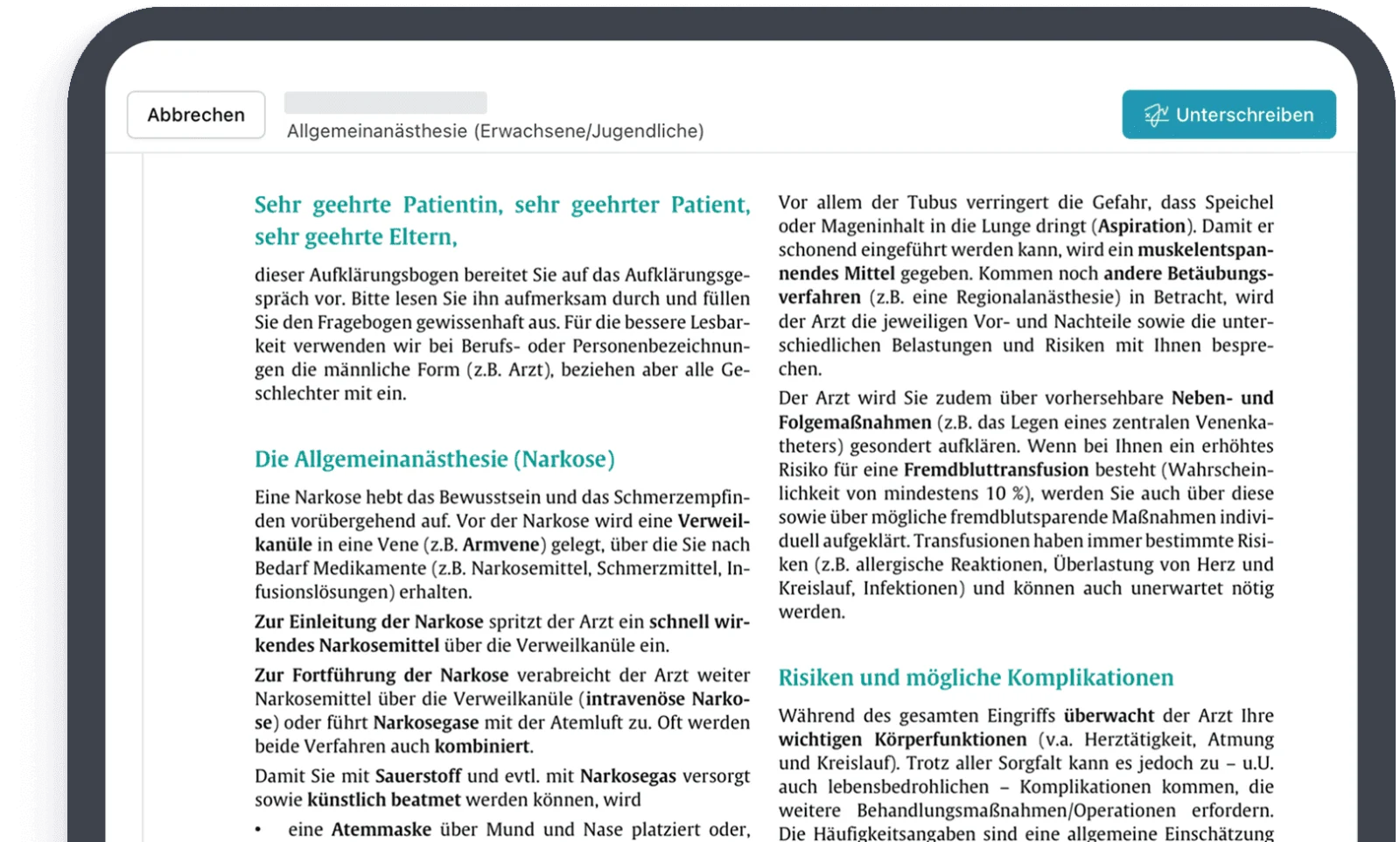 Simpleprax: Aufklärungsbogen auf dem Tablet mit digitaler Unterschrift