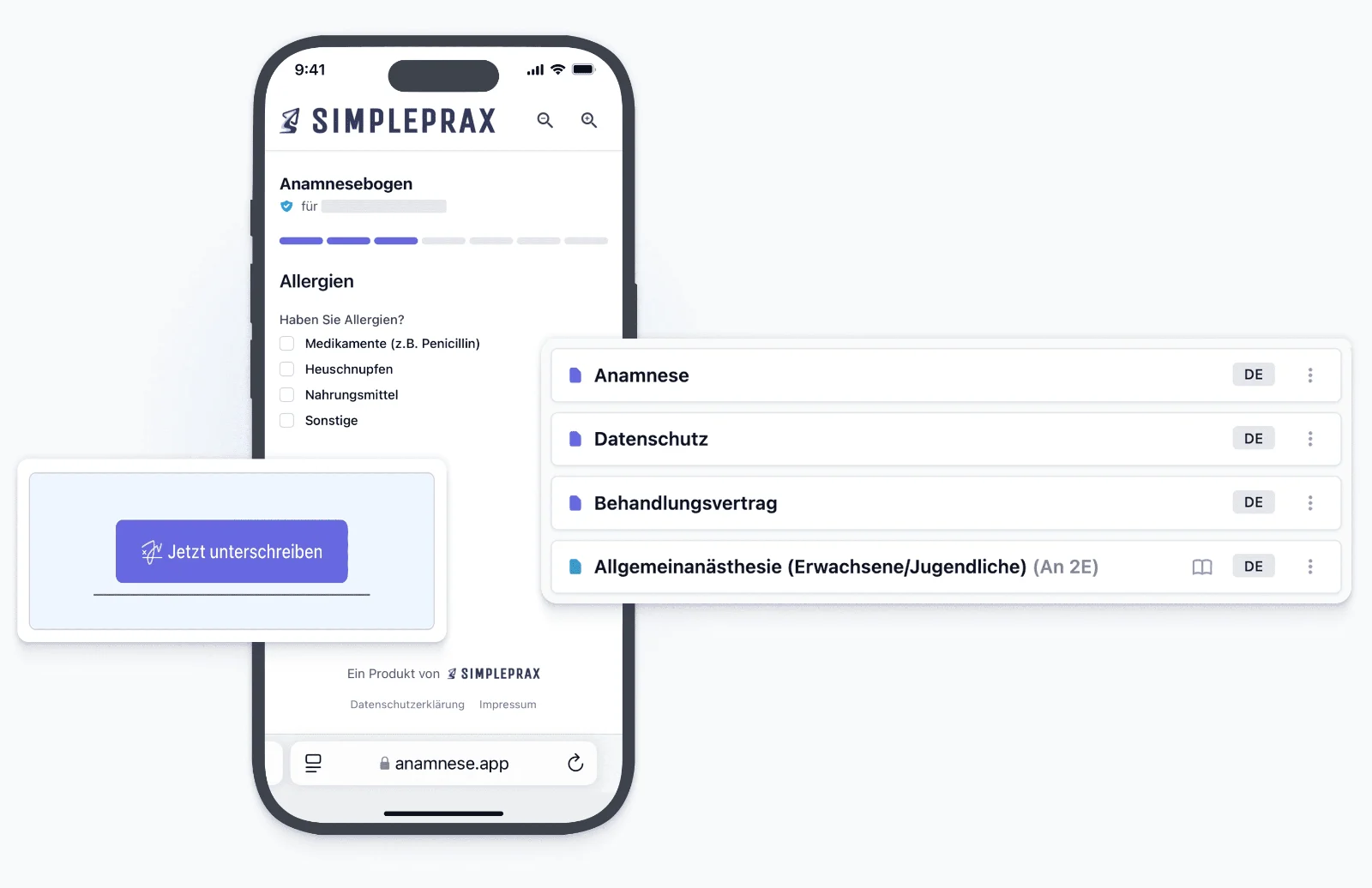 Simpleprax: Anamnese, Datenschutz, Behandlungsvertrag und Aufklärung als Paket auf dem Smartphone