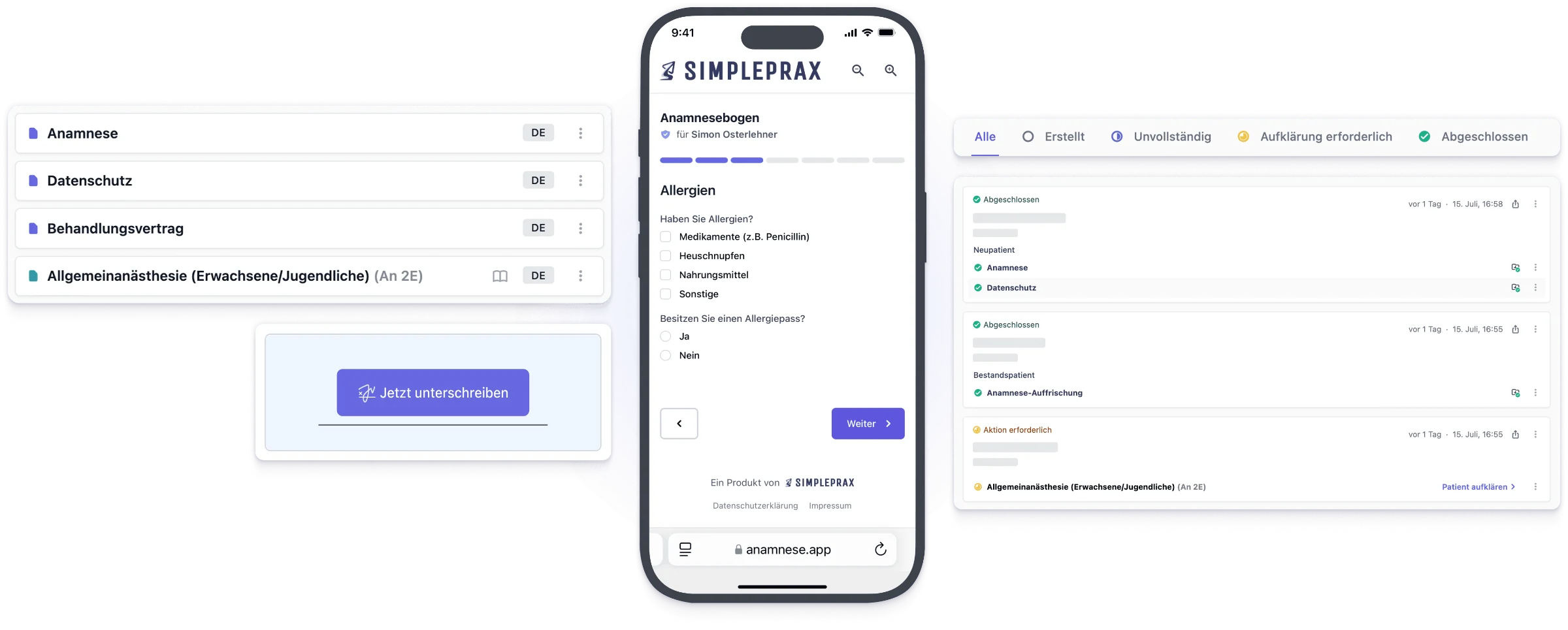 Simpleprax: Bögen zusammenstellen, am Smartphone ausfüllen, im Posteingang der Praxis prüfen