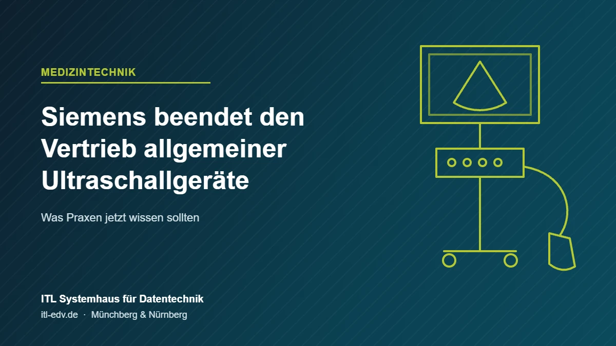 Illustration eines Ultraschallgeräts mit dem Titel: Siemens beendet den Vertrieb allgemeiner Ultraschallgeräte